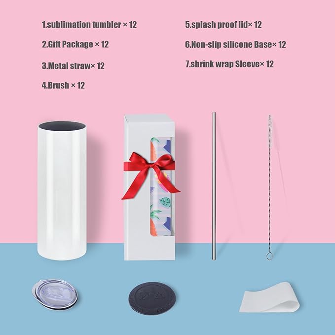 12 Pack 20oz Sublimation Tumblers Bulk With Flat Edge, 20OZ Flat Sublimation Tumbler Blank, Skinny Straight Stainless Steel Blanks Cups with Individual Box (12, 20OZ FLAT EDGE)