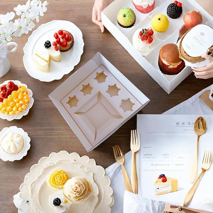 Bento Cake and Cupcake Box 10 sets 6-inch Cake and 5 Cupcakes Box Cake Box with Cupcake Insert Easy to Assemble Base for Family Birthday Party Mother's day (10 sets with cupcake), white