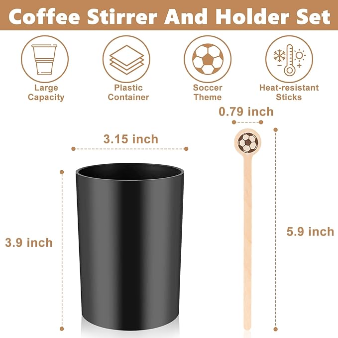 100 Pcs Soccer Coffee Stir Sticks and Holder Coffee Stirrers Wood 6 Inch Soccer Swizzle Sticks Tea Stirrers Disposable Round End Cocktail Stirrers Black Coffee Stirrers Holder for Soccer Party Favors