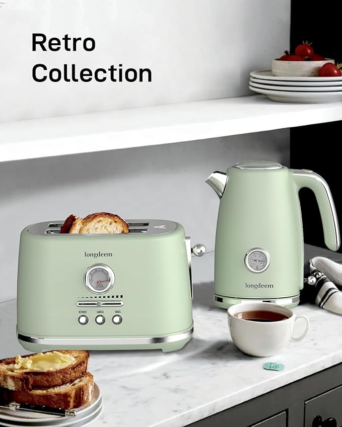LONGDEEM Toaster 2 Slice with Extra Wide Slots & Removable Crumb Tray 6 Browning Options, Auto Shut Off & Frozen Function, Toast Fruit Bread, Bagel & Waffle, Green