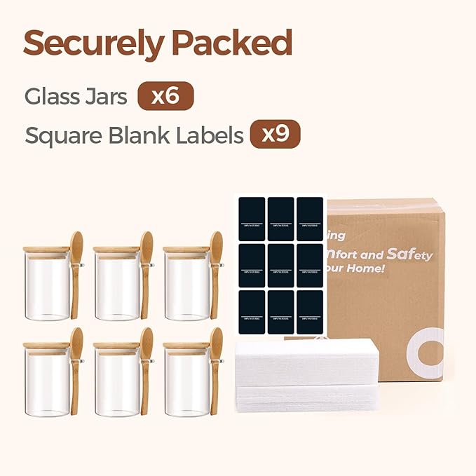 ComSaf Spice Jars with Spoon 8 oz 6Pack, Small Spice Containers Starter Set, Glass Seasoning Jars with Labels, Round Seasoning Containers for Salt, Pepper, Chili Powder, Sugar, Loose Tea Storage
