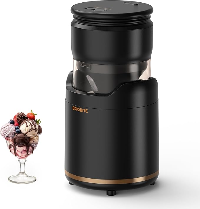 BRIOBITE Ice Cream Maker,Rechargeable Soft Ice Cream Machine with Low Noise,Compact for 1-2 Servings,Perfect for Sorbet,Gelato,Frozen Yogurt,Black