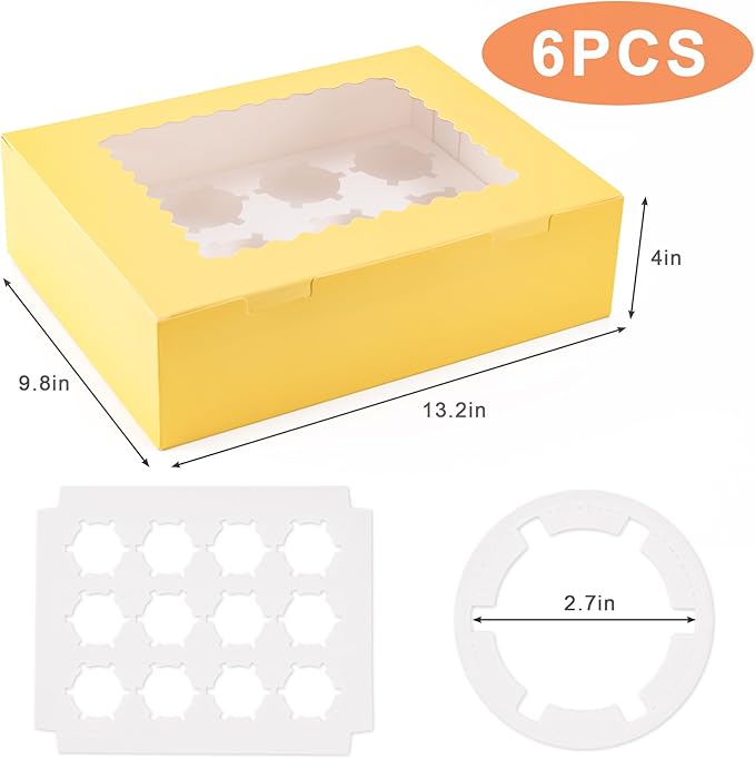 Hoewina 6PCS Cupcake Boxes - Hold 12 Count Cupcake Containers with Window, Food Grade Cupcake Holder Easy Transport and Presentation - Ideal for Cupcakes, Desserts, and More (Yellow)