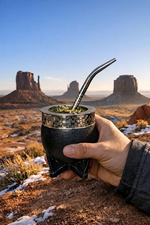 Yerba Mate Cup Set with Straw (Bombilla), Imperial Argentina-Style Mate Cup with Stainless Steel Interior, Alpaca Silver Band and Steel Rim, Handmade with Traditional Argentino Craft