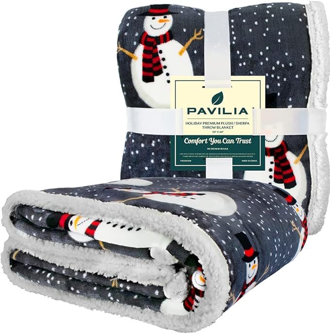PAVILIA Premium Christmas Sherpa Throw Blanket | Snowman Decoration, Fleece, Plush, Warm, Cozy Reversible Microfiber Holiday Blanket 60x80
