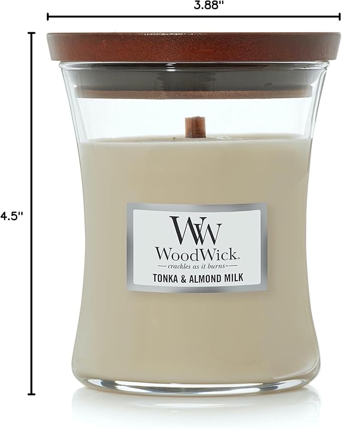 WoodWick Tonka & Almond Milk Gifts for Women and Men, 9.7 oz Medium Hourglass Candle with Crackling Wick