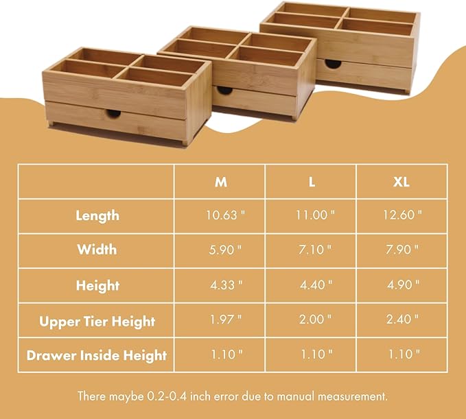 GOBAM Makeup Storage Drawer Organizer Bamboo Wood Cosmetic Display Box, Large Capacity Bathroom Beauty Countertop Organizer, Great for Bathroom Dresser