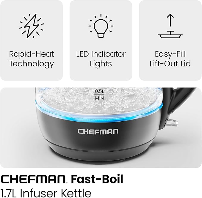 Chefman Electric Kettle with Tea Infuser, 1.7L 1500W, Removable Lid for Easy Cleaning, Boil-Dry Protection, Stainless Steel Filter, BPA Free, Auto Shut Off Hot Water Boiler, Glass Electric Tea Kettle