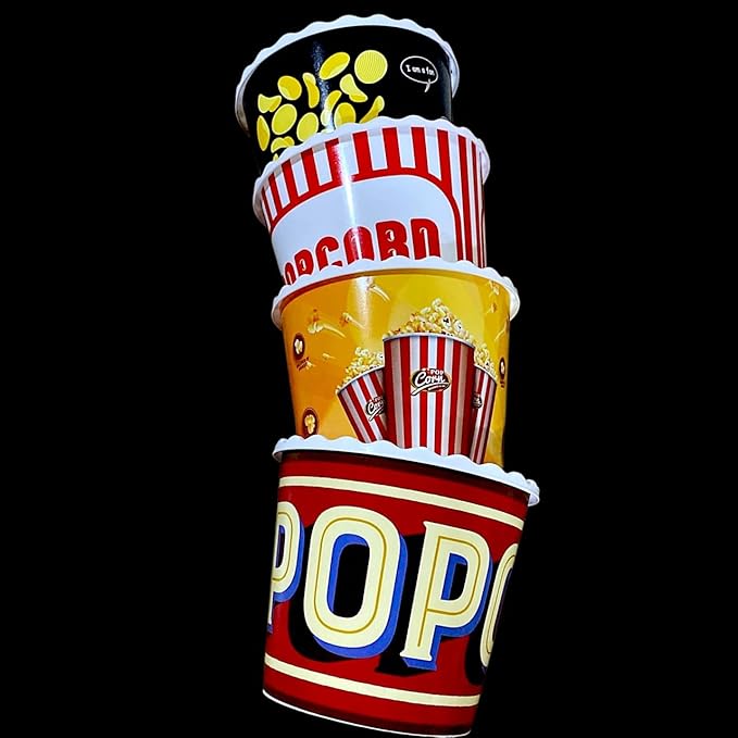 Modern Style Reusable Plastic Popcorn Box/Popcorn Containers/Popcorn Bowls Set for Movie Theater Night - (BPA Free - 4 Pack - 75 oz) (Popcorn Mix E)