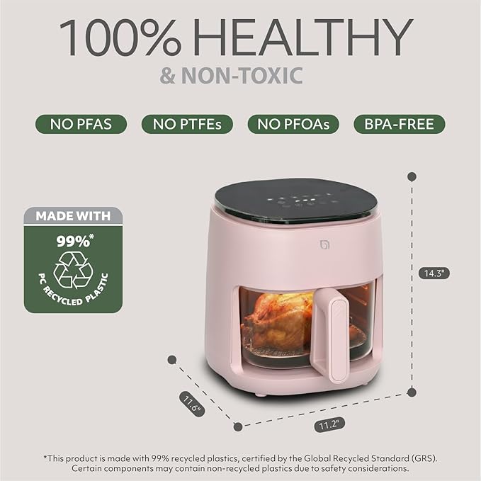 WILLOW Eco Series 6 in 1 Air Fryer with Glass Basket, 5 Quart Non Toxic Air Fryer w Digital Display, 430°F Max Temp, Preheat & Keep Warm Function, Compact + Dishwasher Safe Glass Pink Airfryer