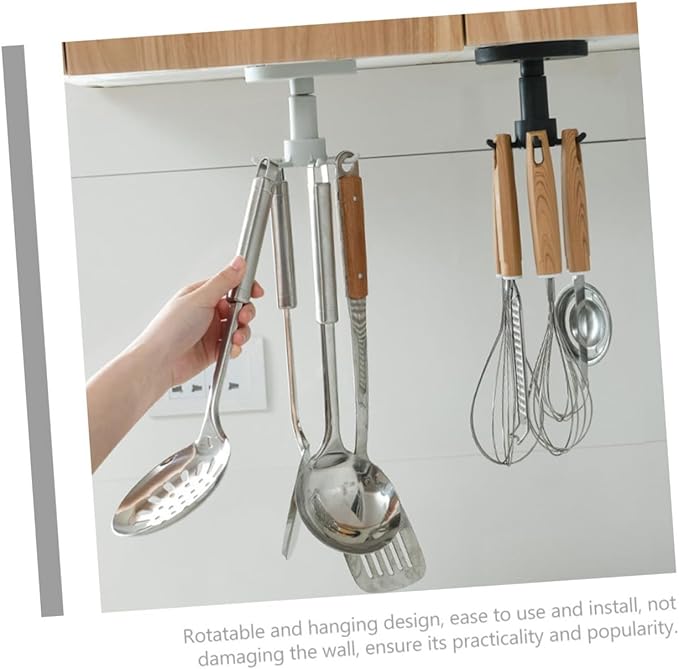 3pcs No-Nail Kitchen Utensil Hooks Rotatable Black Hanging Storage Organizer Under Cabinet Multi-Functional Wall Mounted Holder for Cooking Tools