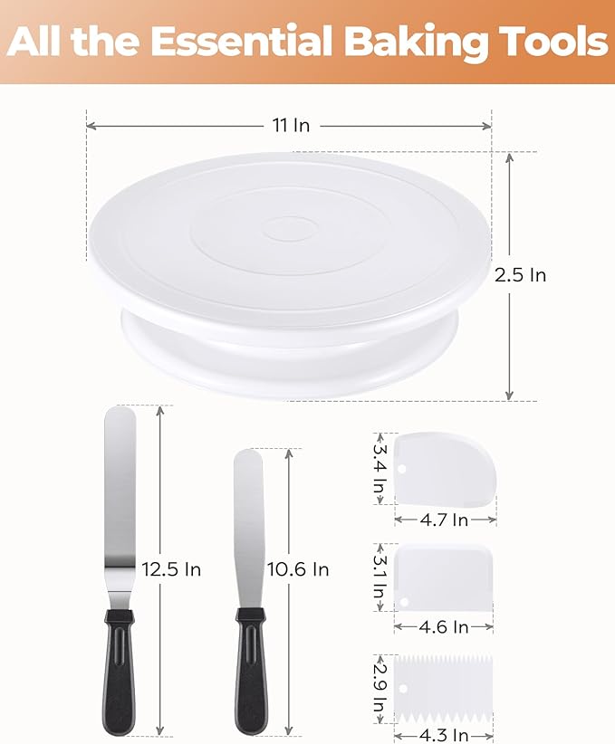 Kootek Cake Decorating Kit Baking Supplies Set Cake Turntable with 2 Frosting Straight Angled Spatula 3 Icing Smoother Scrapers Baking Accessories Tools for Beginners and Pros, Mother's Day, White