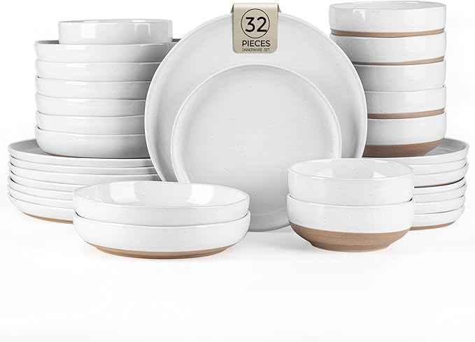 AmorArc Ceramic Dinnerware Sets with Pasta Bowls for 8, Handpainted Plates and Bowls Set with Rustic Terracotta Underside, Scratch Resistant Dishes Set, Dishwasher & Microwave Safe, 32 Pcs
