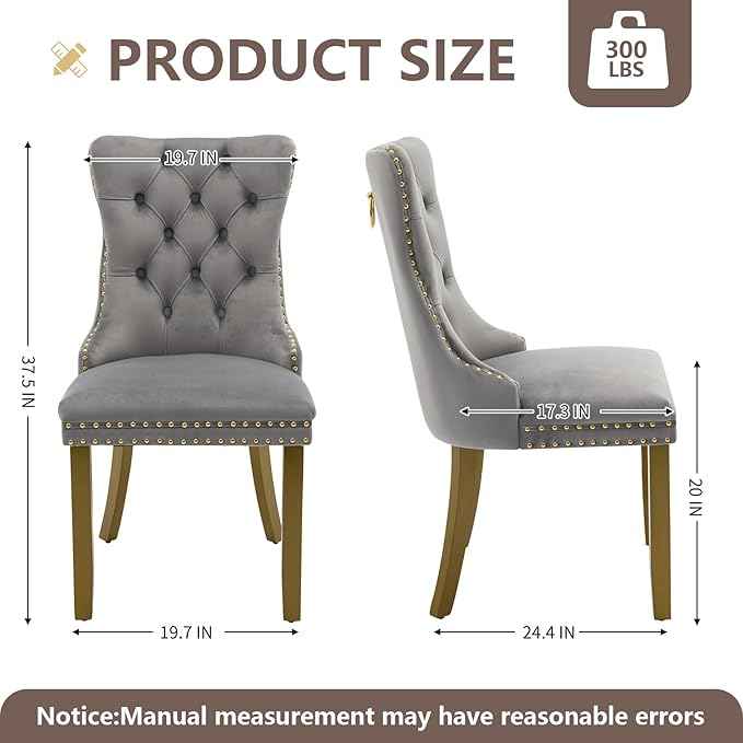 Velvet Dining Chairs Set of 6, Kitchen & Dining Room Chairs, Upholstered Dining Chairs with Back Ring Pull and Golden Solid Wood Legs, Modern Tufted Kitchen Chairs for Dining Room, Light Grey