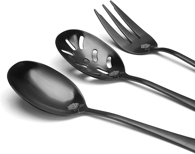 Matte Black Serving Set, sharecook 5-Piece 18/0 Stainless Steel Large Hostess Set with Round Edge, Satin Finished, Dishwasher Safe -Spoons, Forks,Butter Knife& Slotted Spoon