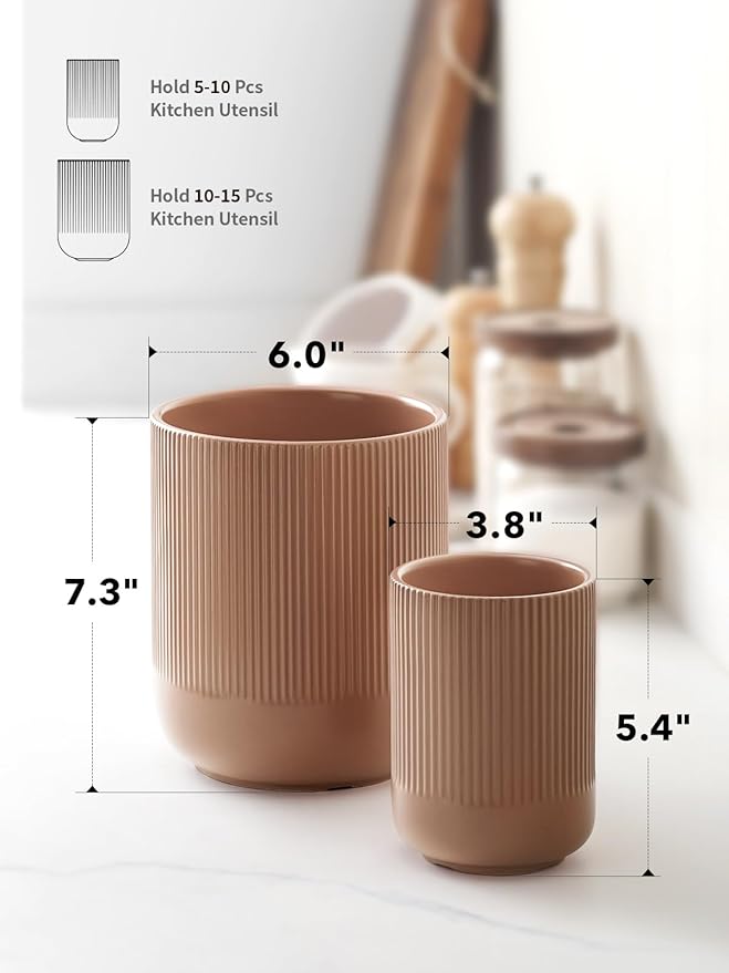 LE TAUCI Utensil Holder for Kitchen Counter, 7.3"+5.4" Fluted Ceramic Utensil Crock Organizer for Countertop, Heavy Large Holder for Spatulas, Spoons, Set of 2, Dusty Coral