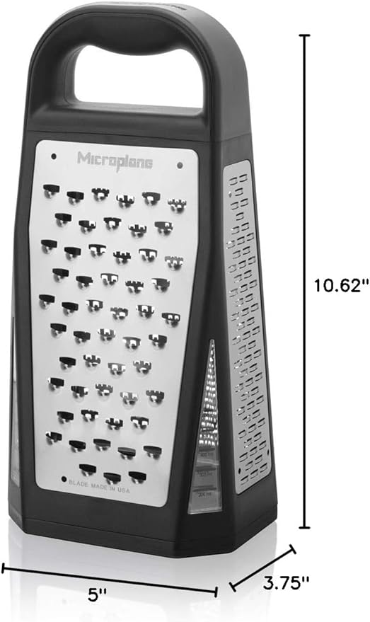 Microplane Elite Five Blade Box Grater with Measuring Cup Base, Five Grating Surfaces Including Fine, Coarse, Double-Sided Ribbon, Ultra-Coarse, and Slicer - Black