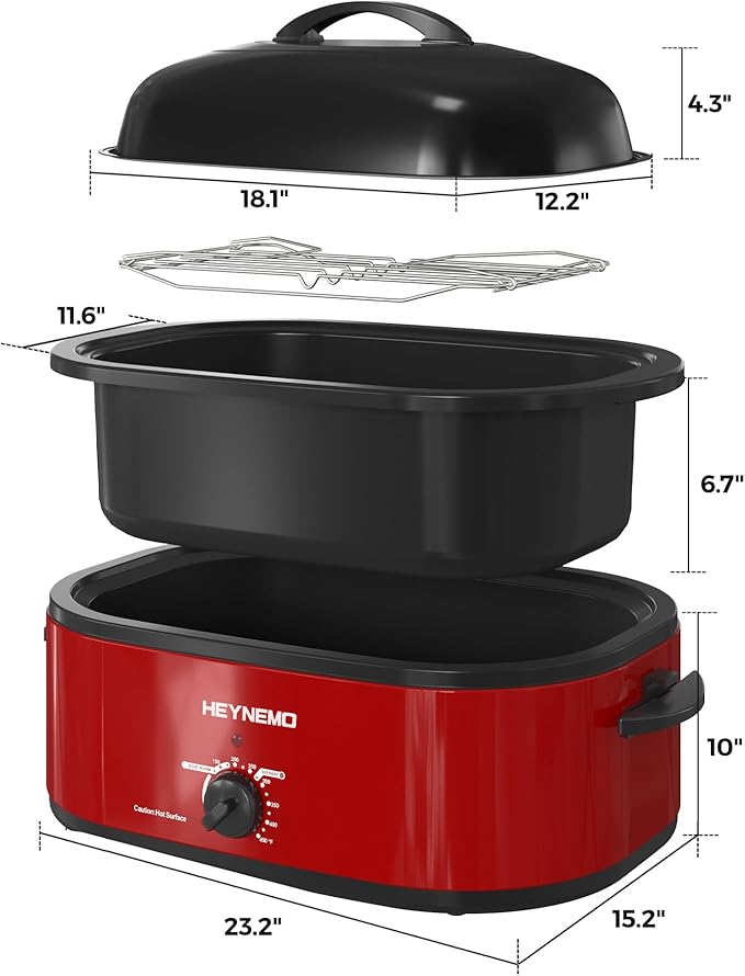 18Qt Roaster Oven Buffet with Self-Basting Lid, 1450W Stainless Steel Electric Turkey Roaster Oven with Cool-Touch Handles, Removable Pan and Rack, Red
