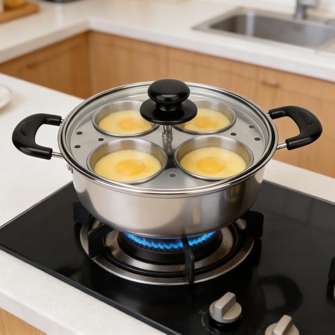 Stainless Steel Egg Poacher Pan - 4-Cup Non-Coated Egg Cooker Poached Egg Maker, Heavy Duty Egg Poaching Pan for Home Kitchen