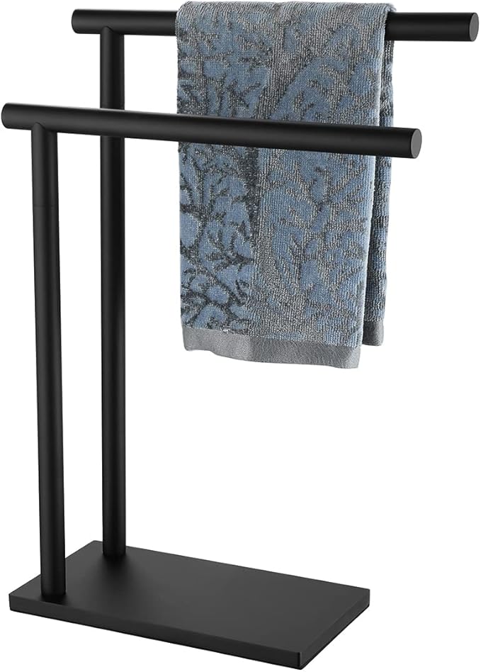 JQK Hand Towel Holder Stand Black, Modern Tree Rack Free Standing for Countertop with 12 Inch 2 Bars, 304 Stainless Steel Matte Black 9.45x5.12 Inch Base, HTT172-PB