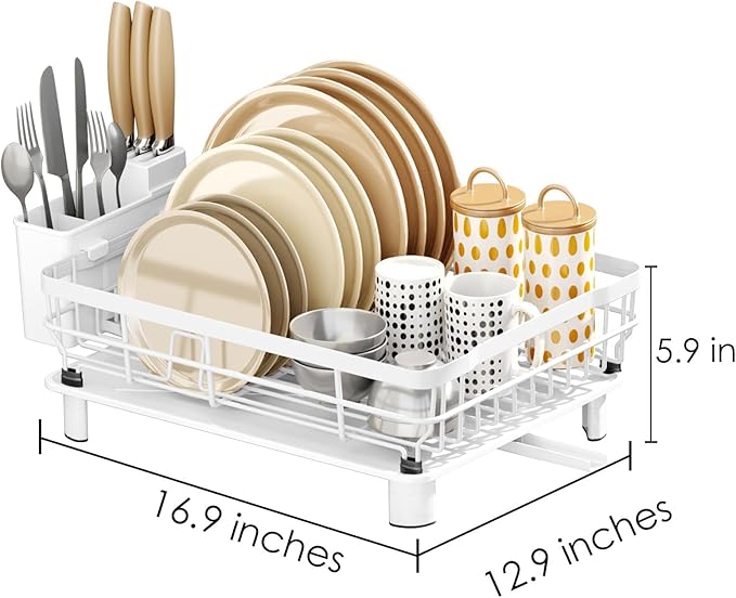 AIDERLY Iron Dish Drying Rack with Drainboard Dish Drainers for Kitchen Counter Extendable Spout Strainers with Utensil Holder and Knife Slots, White