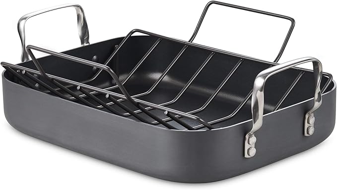 Cooks Standard Turkey Roasting Pan with Rack, Hard Anodized Nonstick 16-Inch x 12-Inch Chicken Ham Roaster Pan Multi-Use Grill Pan with Handles, Black