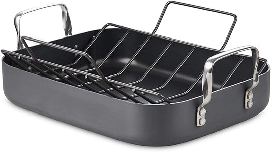 Cooks Standard Turkey Roasting Pan with Rack, Hard Anodized Nonstick 16-Inch x 12-Inch Chicken Ham Roaster Pan Multi-Use Grill Pan with Handles, Black