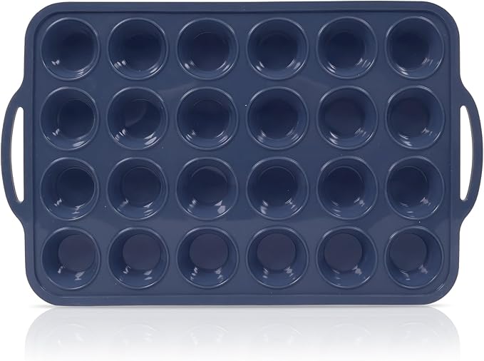 Mini Silicone Muffin Pan with Metal Frame, Non Stick Silicone Cupcake Pan with Handles 24 Cup, BPA Free Silicon Muffin Tin Tray Small for baking, egg bites, Cupcake Mold Grey