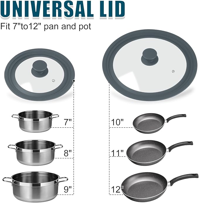 Universal Lid for Pots, Pans, and Skillets - 2 Pack Silicone Replacement Pan Lid Fits 7", 8" 9" & 10", 11", 12" Cookware - Tempered Glass Pot Lid Cover for Frying Pans, Cast Iron, CrockPot