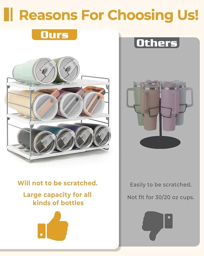Cirhy 12" Tall 3-Tier Expandable Water Bottle Organizer – Fits 20-40 oz Stanley, Owala, Yeti Tumblers, Shaker Cups & Travel Mugs – Adjustable Storage Rack for Cabinet, Kitchen & Pantry Organization