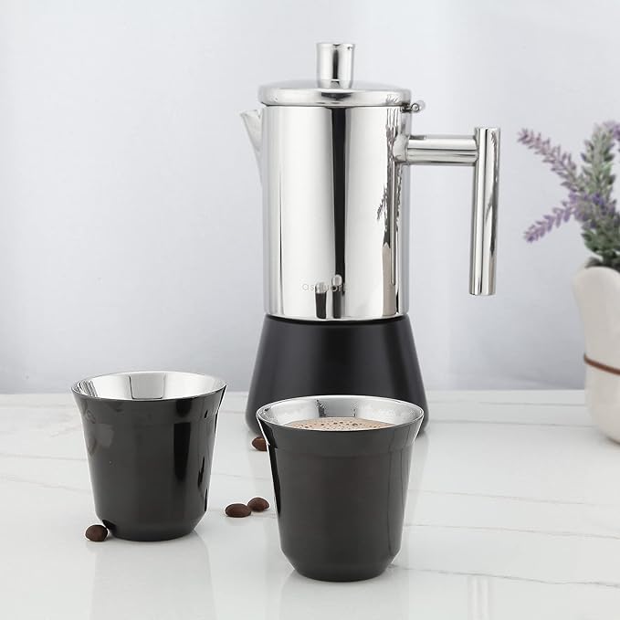 Easyworkz Stainless Steel Espresso Cup 2pcs Set Double Wall 5 oz, Bundled Espresso Steaming Pitcher Stainless Steel 15 oz Coffee Frothing Picther Milk Jug Cappuccino Latte Art Cup