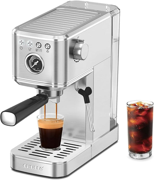 CHULUX Elite Espresso Machine 20 Bar, Compact Stainless Steel Hot and Ice Espresso Coffee Maker with Steam Wand for Americano, Latte, Cappuccino & Home Barista Brewing, Sliver