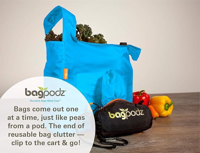 Sturdy Reusable Grocery Bags Foldable and Washable - Made From RipStop Nylon Hold 50lbs - Designed in USA Reusable Shopping Bags Inside a Compact Pod with Carry Clip - 10 Pack in Blue
