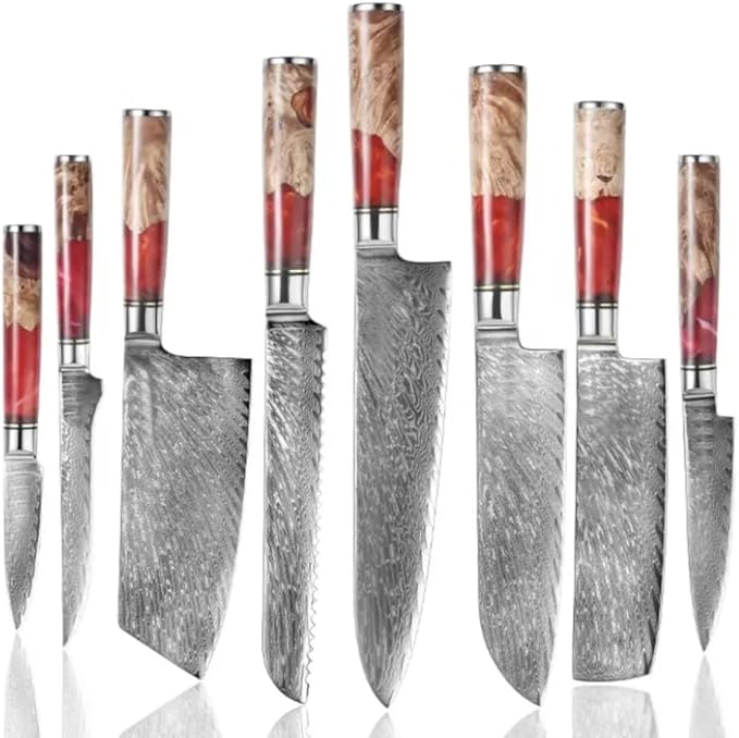 Epicurean Cook Tidal Collection 8 PCS Damascus Knife Set: Japanese Kitchen Knives in an Elegant Box with Red Resin and Burl Wood handles with VG10 Steel Core Ultra-Sharp Professional Chef Knife Set!