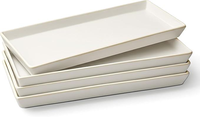 KooK Serving Platters and Trays, Trays for Serving Food, Ceramic 11 Inch Rectangular Serving Trays, Platters for Food at Parties and Entertaining, Microwave, Dishwasher Safe, White, Set of 4