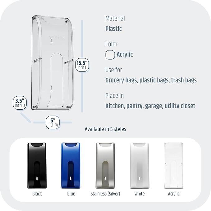 Wall Mount Plastic Bag Organizer | Durable Plastic Grocery Bag Saver | Smudge Proof, Fingerprint Resistant (Acrylic)