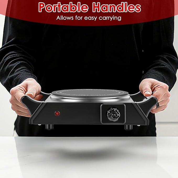 Electric Countertop Single Burner, 1000W Cooktop with Crystal Glass Hot Plate, 5-Level Stepless Temperature Control, Stay Cool Handles, Easy to Clean, Compatible Cooking Stove for Office Home RV