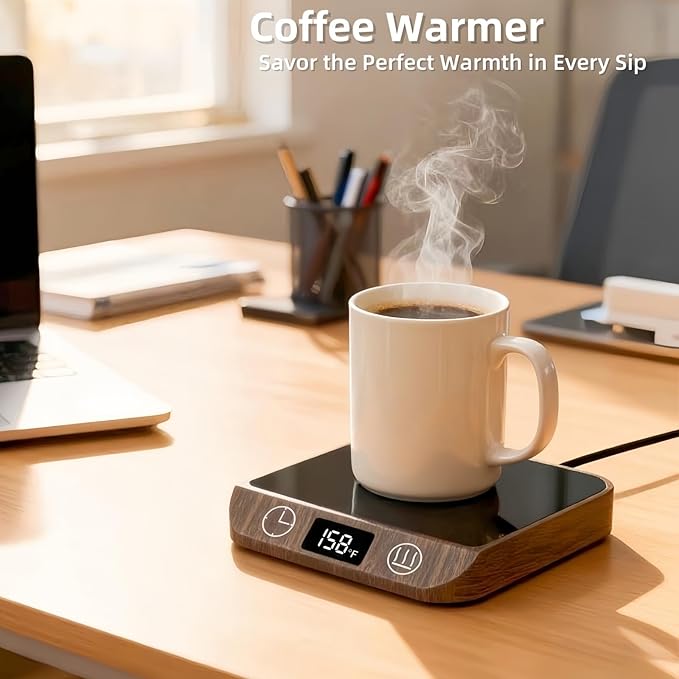 Coffee Mug Warmer & Candle Warmer 46W Electric Cup Warmer for Desk - Smart Digital Display 6 Heat Settings Timer Auto Shut-Off Work from Home Office Gift (Wood)