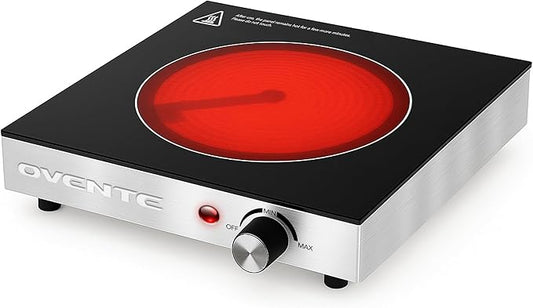 OVENTE Infrared Ceramic Single Burner, 1200W Electric Countertop Hot Plate with Black Crystalline Glass, Portable Stainless Steel Cooktop for Home, Office, or Dorm Use, Black BGI301GB