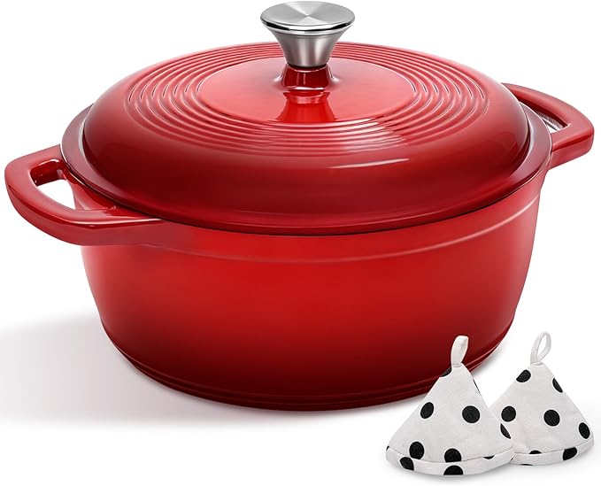Enameled Cast Iron Dutch Oven Pot With Lid - AIVIKI 5QT Dutch Oven for Bread Baking With Cotton Potholders - Heavy-Duty Cookware for Braising, Stew, Roasting, Oven Safe up to 500°F, Red