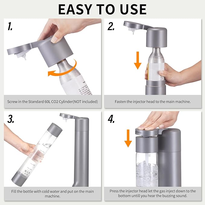 Sparkling Water Machine Soda Maker Beverage Drink Dispenser for Home, Soda Streaming with 1L BPA Free Bottle, 2 Portable Bottle for travel, Seltzer & Carbonator Srew-in 60L CO2 (NOT Included), Grey