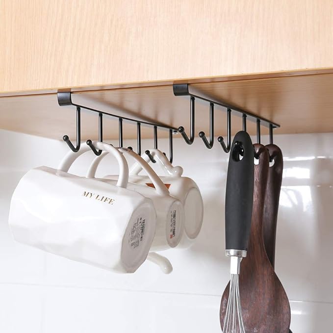 AliCH Mug Holder 2pcs Under Cabinet Mug Hooks Rack, Nail Free Coffee Cups Holder,Under Shelf Hanger for Cups/Kitchen Utensils/Ties Belts/Scarf/Keys Storage (White)