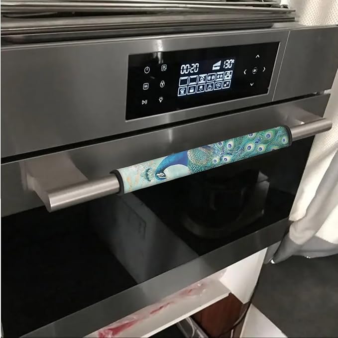 Appliance Door Handle Covers Set of 6 Refrigerator Handle Cover Anti-Skid Microwave Door Handle Protector Keep Off Oil Stains, Fingerprints, Peacock Flower Green Blue