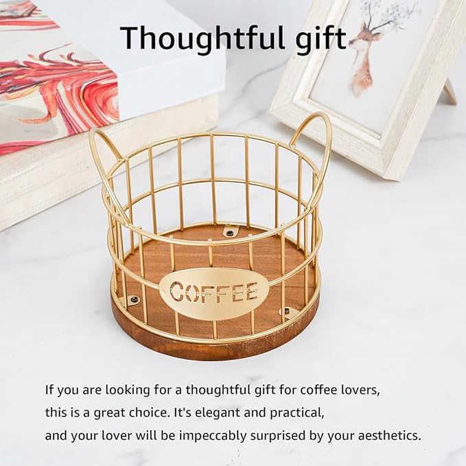 Coffee Pods Holder for Countertop, K Cup Holder Organizer, Sturdy Kcup Storage Basket with Wooden Base , Pod Container For Kitchen Bar Counter Office Desktop (Gold)