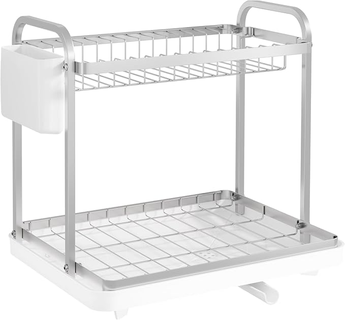 Sakugi 2-Tier Dish Drying Rack - Stainless Steel Dish Rack with Cutlery & Utensil Holders for Kitchen Counter, Sink Organization and Storage for Small Family, 15" W x 11.4" L x 15" H, White