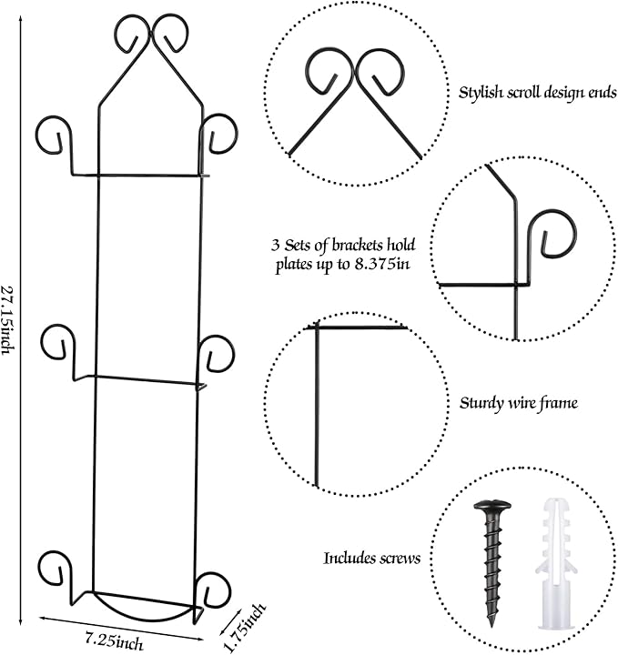 Menkxi 2 Pcs Plate Rack for Wall Vertical Vintage Wall Plate Holder Decorative for Display Hanger Brackets Mount Rack Arts with Screw and Nut Fittings for Display Dishes Picture Frame(3 Tier,Black)