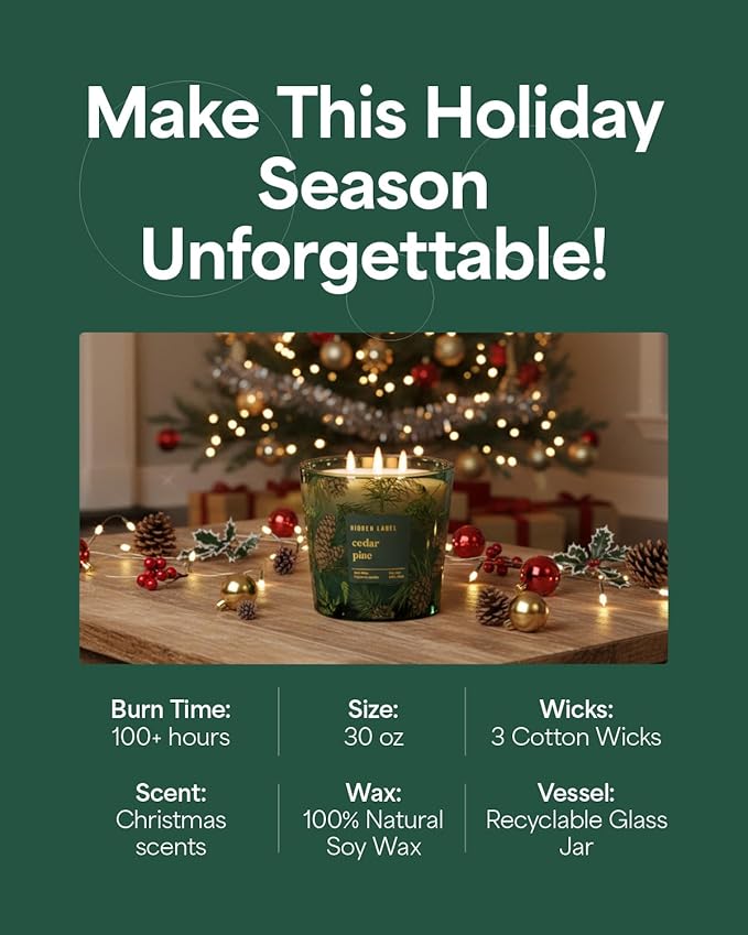 Cedar Pine Scented Candle, 30oz Natural Soy Wax, 3 Wick Large Winter Forest Candle for Home, 100+ Hours Clean Burn, Fresh Cut Christmas Tree Aroma for Holiday Decor, Stress Relief & Gifting