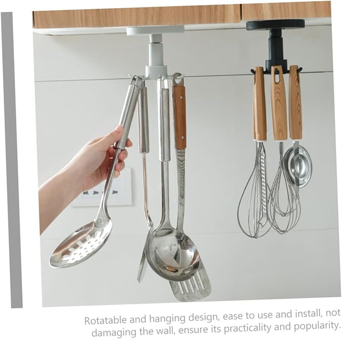 TOYANDONA 3pcs Kitchen Utensil Hooks Set with Rotating Black Hanging Organizer, Nail-Free Under Cabinet Cooking Sundries Holder for Spoon, Spatula, and Ladle Storage