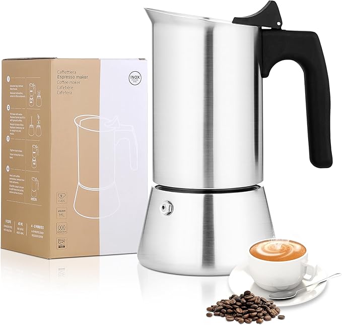 Stovetop Espresso Maker Stainless Steel Moka Pot, 6 cup Espresso Coffee Pots 300ml/10oz(Espresso Cup=50ml/1.7oz), Italian Coffee Maker for Induction Cookers Hobs, Cafe Maker for Camping Home