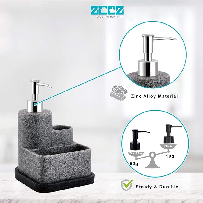 ZCCZ Black Soap Dispenser with Sponge Holder, Kitchen Soap Dispenser Pump, Sponge Caddy and Brush Holder 3 in 1 Set Organizer for Sink Countertop, Removable Tray, Marble Look (Brush NOT Included)